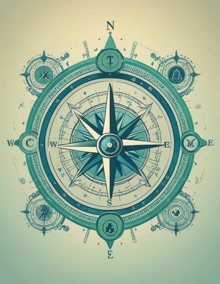 A compass symbolizing guidance against a backdrop of various insurance icons like a house, car, and medical symbols, depicting protection against risks. Soft light illuminating the compass, while shadows hint at dangers lurking around. The colors should blend calming blues and greens, evoking trust and security. modern vector art. vibrant colors.