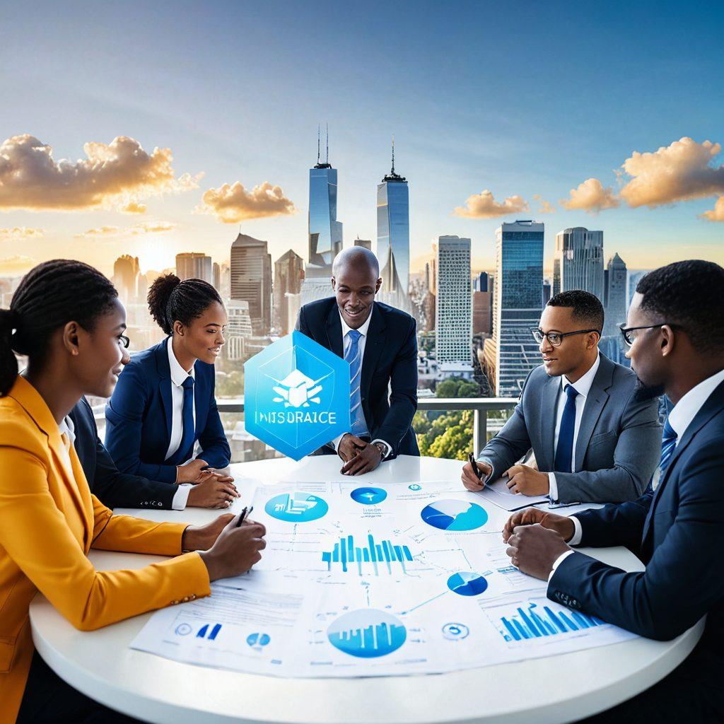 A close-up view of a diverse group of people discussing over an open insurance policy document, with visual icons representing different insurance benefits floating around them. The setting is bright and professional, conveying a sense of collaboration and knowledge. Include a backdrop of a sunny sky and a cityscape to symbolize future security. super-realistic. vibrant colors. white background.